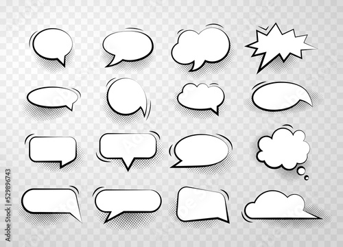 Empty speech comic bubbles with halftone shadows in doodle style isolated on transparent  background. Balloon vector outline illustration for meme, poster, tag, banner, hashtag, dialogue