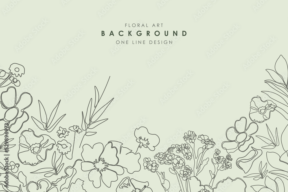 Beautiful floral vector hand drawn background. One line art design. Delicate green pattern with drawing contour flowers. Vintage ornament cover, banner, card, template, brochure, placard ant etc Beautiful floral vector hand drawn background. One line art design. Delicate green pattern with drawing contour flowers. Vintage ornament cover, banner, card, template, brochure, placard ant etc