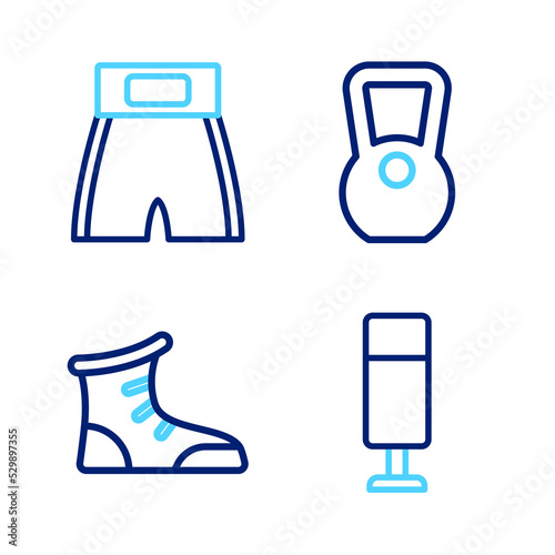 Set line Punching bag, Sport boxing shoes, Kettlebell and Boxing short icon. Vector