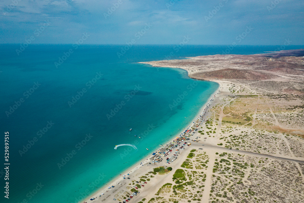aerial view of beautiful beach with crystal clear water, La Paz baja california mexico - Playa Tecolote