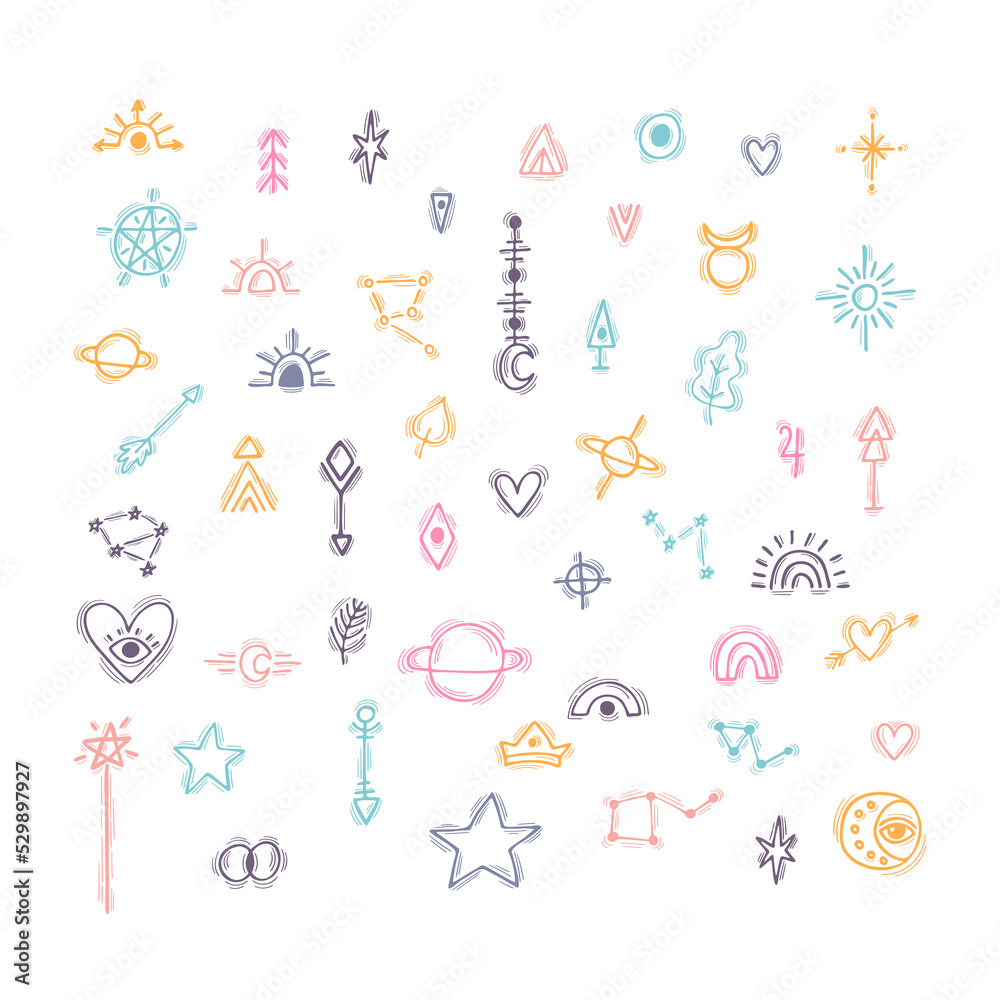 Hand drawn magical symbols. Witchy esoteric boho doodle icons. Mysterious elements Hand drawn magical symbols. Witchy esoteric boho doodle icons. Mysterious elements