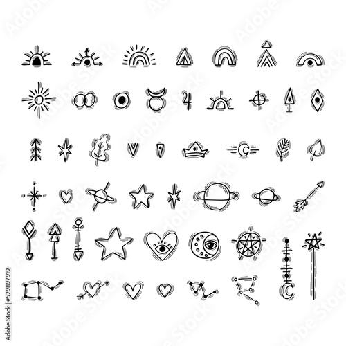 Hand drawn magical symbols. Witchy esoteric alchemy doodle icons. Mysterious elements