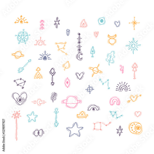 Hand drawn magical symbols. Witchy esoteric boho doodle icons. Mysterious elements
