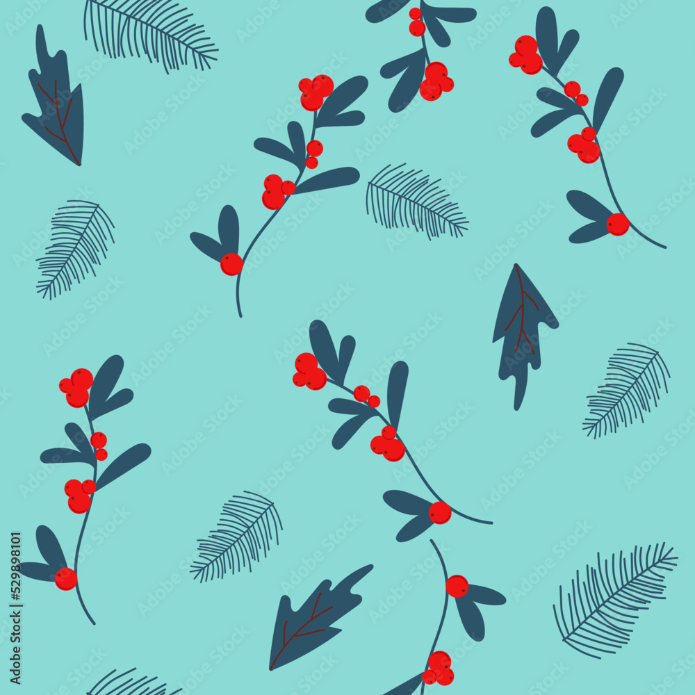 Merry Christmas, Happy New Year seamless pattern with fir cone, holly leaves and berries for greeting cards, wrapping papers. Seamless winter pattern. Vector illustration. Merry Christmas, Happy New Year seamless pattern with fir cone, holly leaves and berries for greeting cards, wrapping papers. Seamless winter pattern. Vector illustration.