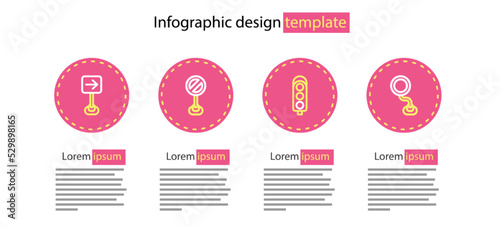 Set line Traffic light, Road traffic sign, Stop and turn right icon. Vector