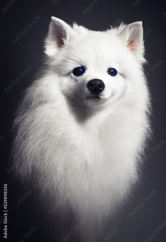 A digital painting portrait of a white American Eskimo dog 