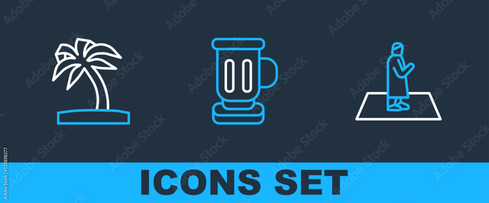 Set line Muslim man prays, Tropical palm tree and Medieval goblet icon. Vector