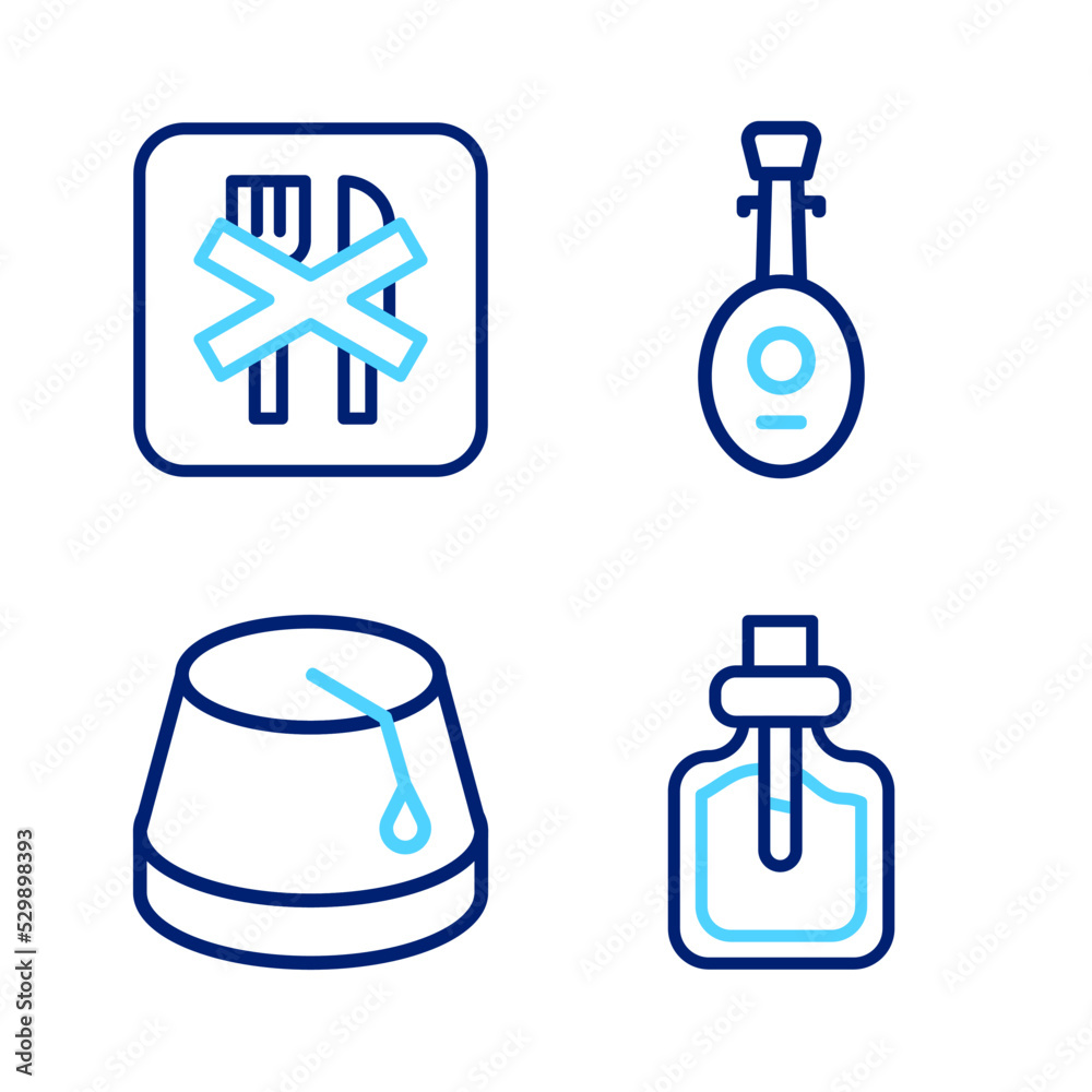 Set line Perfume, Turkish hat, Lute and Ramadan fasting icon. Vector Set line Perfume, Turkish hat, Lute and Ramadan fasting icon. Vector