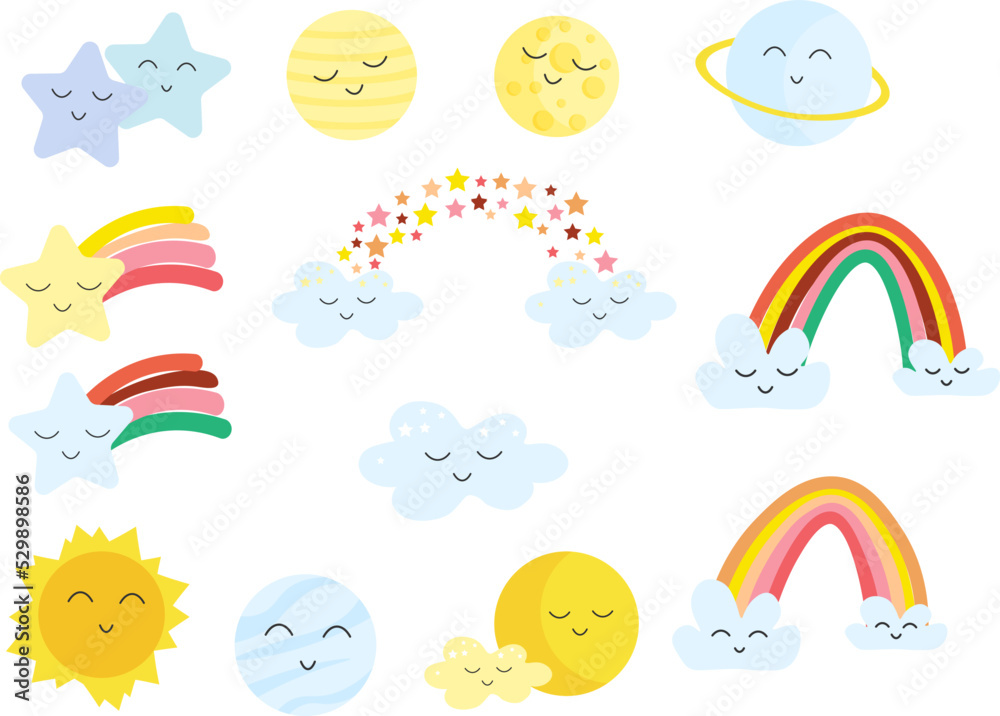 Collection of cute sky stickers - rainbow, stars and sun, planets, clouds. Cheerful childrens kawaii style. Vector illustration. Use for clothing printing, greeting cards and packaging, birthday and