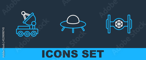 Set line Cosmic ship, Mars rover and UFO flying spaceship icon. Vector