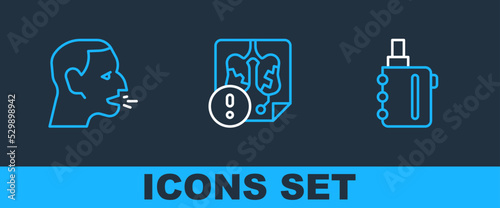 Set line Electronic cigarette, Man coughing and Disease lungs icon. Vector