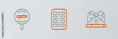 Set line Disease lungs, No smoking and Nicotine gum blister pack icon. Vector