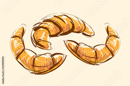 French croissant, hand drawing. Fresh pastries for breakfast. French national cuisine.
