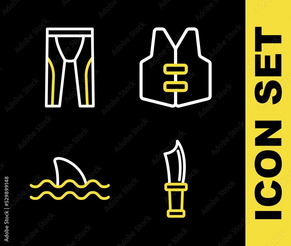 Set line Life jacket, Diving knife, Shark and Wetsuit for scuba diving icon. Vector