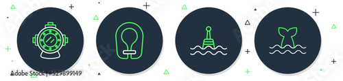 Set line Life jacket, Floating buoy, Aqualung and Whale tail icon. Vector