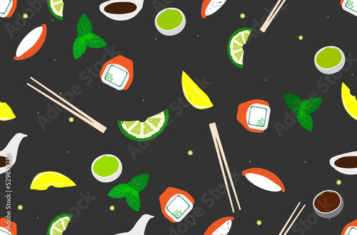 Seamless pattern with sushi, rolls, wassabi, chopsticks and lemon slices. Vector illustration of products on gray background