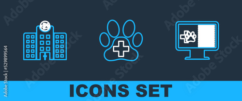 Set line Clinical record pet on monitor, Veterinary medicine hospital and clinic icon. Vector