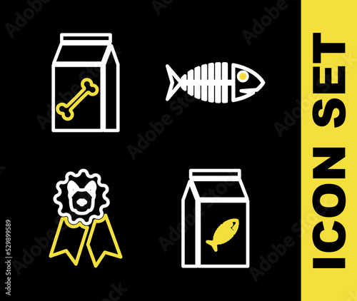 Set line Fish skeleton, Bag of food for cat, Dog award symbol and pet icon. Vector