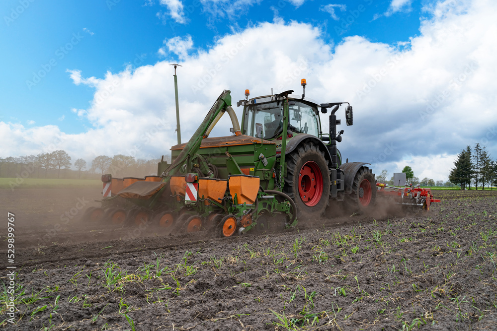 Fototapeta premium Maislegen - Traktor mit landwirtschaftlichen Geräten bein Maislegen.