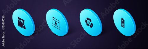 Set Isometric Battery charge level indicator, with recycle, Bio fuel barrel and Oil icon. Vector