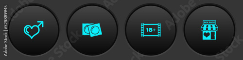 Set Male gender and heart, Condoms in package, Play Video with 18 plus and Sex shop building icon. Vector