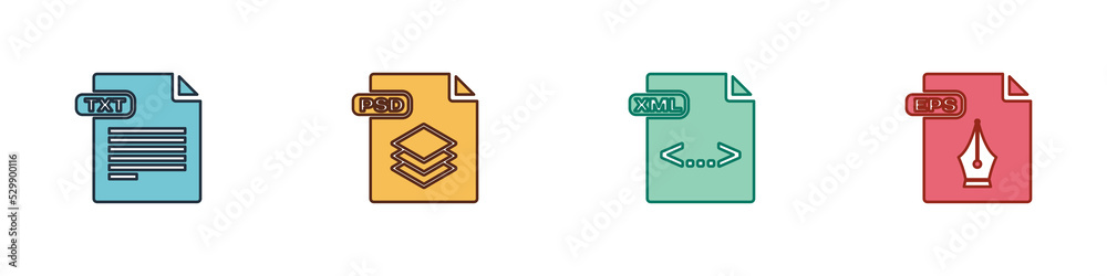 Set TXT file document, PSD, XML and EPS icon. Vector