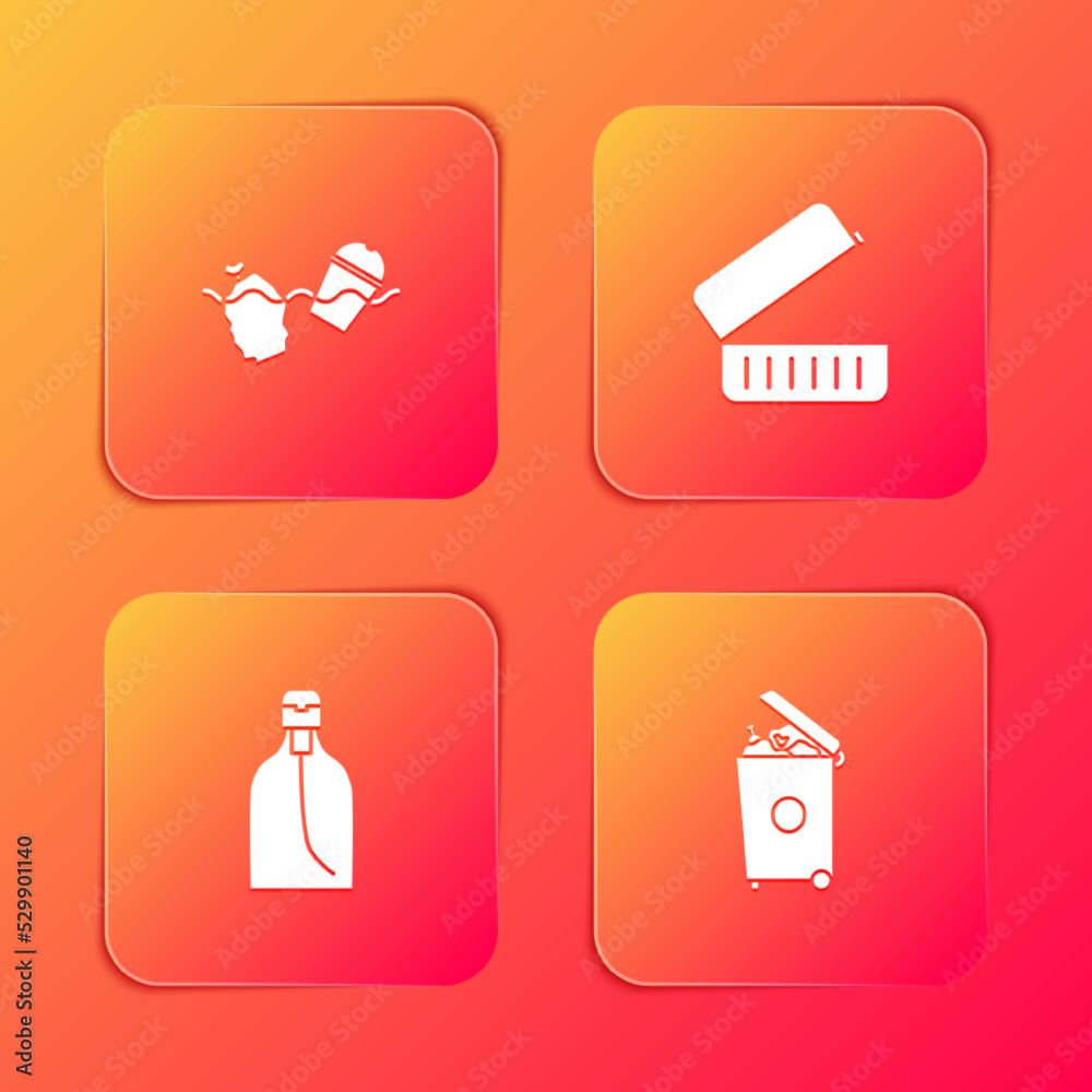 Set Problem pollution of the ocean, Lunch box, Bottle liquid soap and Trash can icon. Vector