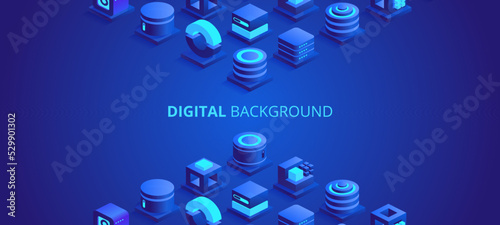 Web banner design of digital technologies concept. Abstract isometric cubes with text place on blue background. Online communication and blockchain. Vector illustration of advertising landing page