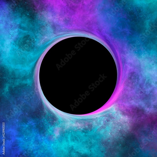 Black hole and colorful blue purple space clouds. Abstract void background.