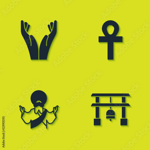 Set Hands in praying position, Japan Gate, Jesus Christ and Cross ankh icon. Vector
