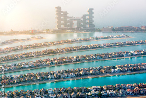 New Atlantic apartments at The Palm Jumeirah. Holidays villas, beaches and luxury hotels view at sunset. Dubai, UAE