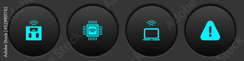 Set Smart bathroom scales, Processor with microcircuits CPU, Wireless laptop and Exclamation mark in triangle icon. Vector