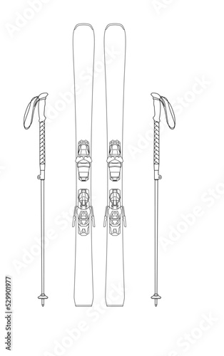 All Mountain Ski / Carving Ski / Freeride Ski modern equipment. Ski ,Ski binding and Ski pole for winter sports sketch drawing, contour lines drawn