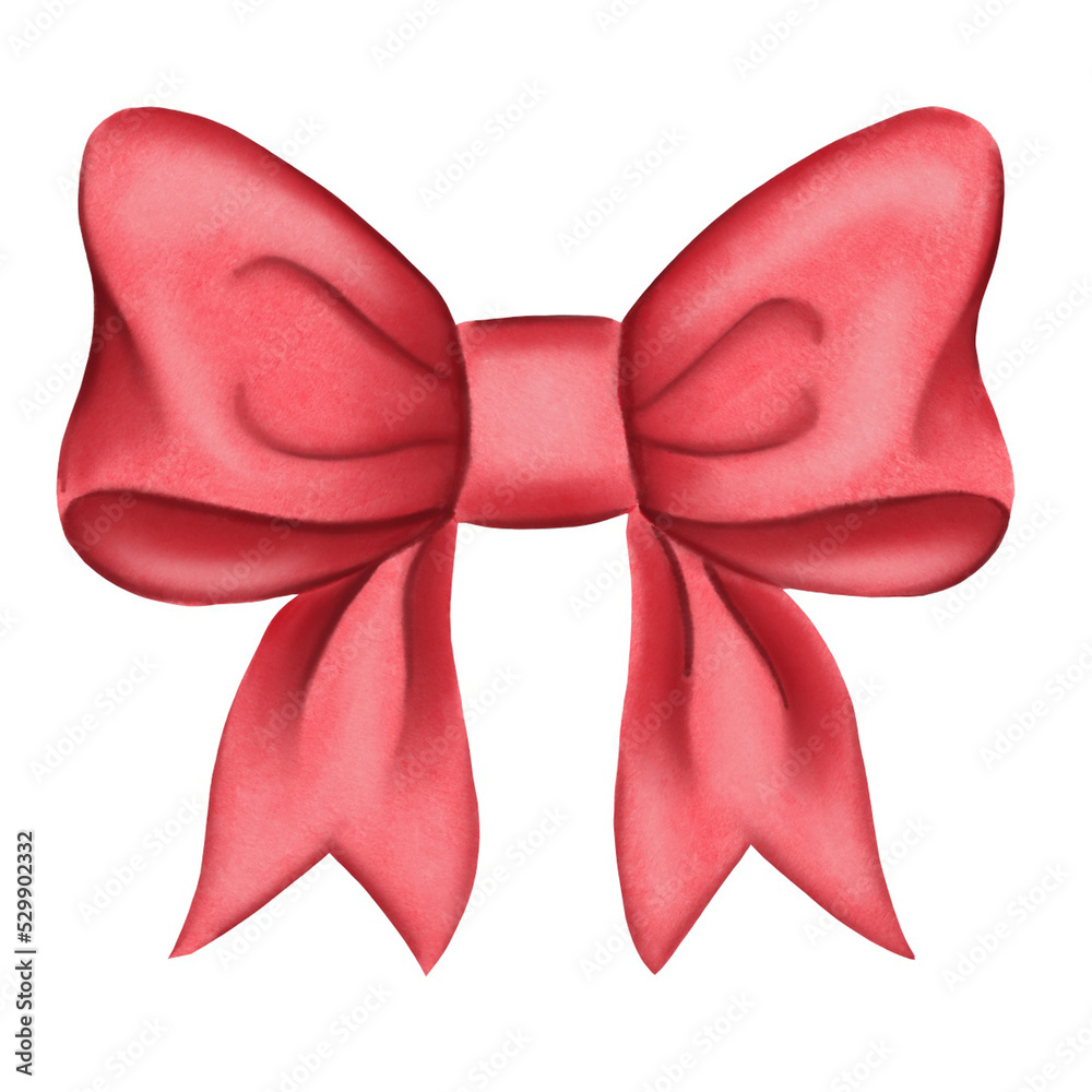 Red christmas ribbon bow digital illustration. Christmas decoration.