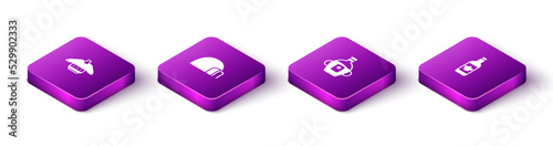 Set Isometric Christmas sweater, Igloo ice house, Maple syrup and Beer bottle icon. Vector