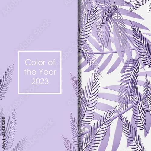 Background from abstract tropical leaves coloured in trendy lavender color. Text color of the year 2023. 3D illustration