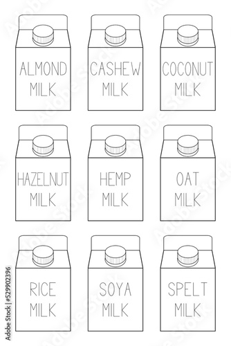 A set of vegan milk kinds. Carton packaging. For advertisement, posters, cards, designs, logos, mockups, template. Cruelty free alternatives concept