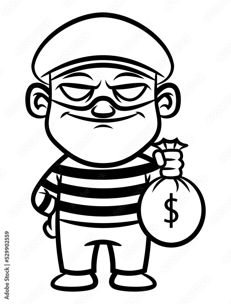 Cartoon illustration of A Thief Wearing mask and beanie hat, carrying a bag of money, best for mascot, logo, and coloring book with robbery themes Cartoon illustration of A Thief Wearing mask and beanie hat, carrying a bag of money, best for mascot, logo, and coloring book with robbery themes