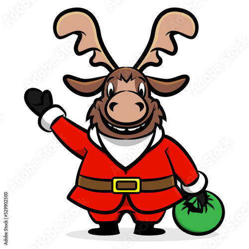Cartoon illustration of Reindeer wearing Santa claus costume, greeting and carrying a bag of gift, best for sticker, logo, and mascot with christmas themes