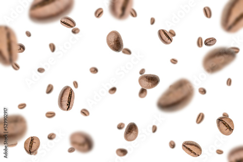 Coffee beans fall background. Black espresso coffee bean falling. Aromatic grain flying isolated on white. Concept for coffee product advertising.
