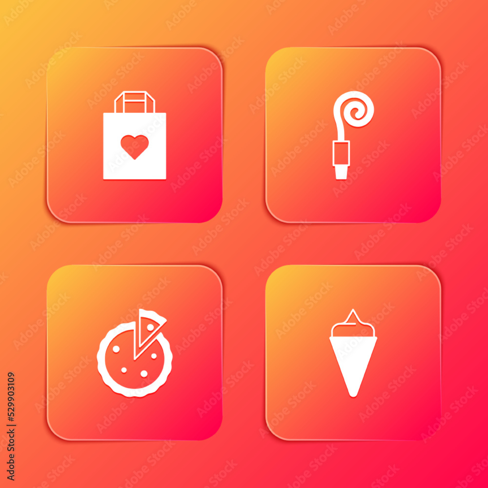 Set Shopping bag with heart, Birthday party horn, Homemade pie and Ice cream waffle cone icon. Vector Set Shopping bag with heart, Birthday party horn, Homemade pie and Ice cream waffle cone icon. Vector