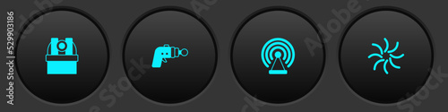 Set Astronomical observatory, Ray gun, Radar and Black hole icon. Vector