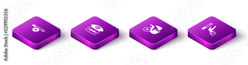 Set Isometric No smoking, Hypnosis, Smoking pipe with smoke and Giving up cigarette icon. Vector