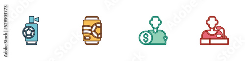 Set Air horn, Beer can, Buy football player and Football press conference icon. Vector