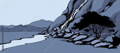Vector landscape. Tree near a mountain stream