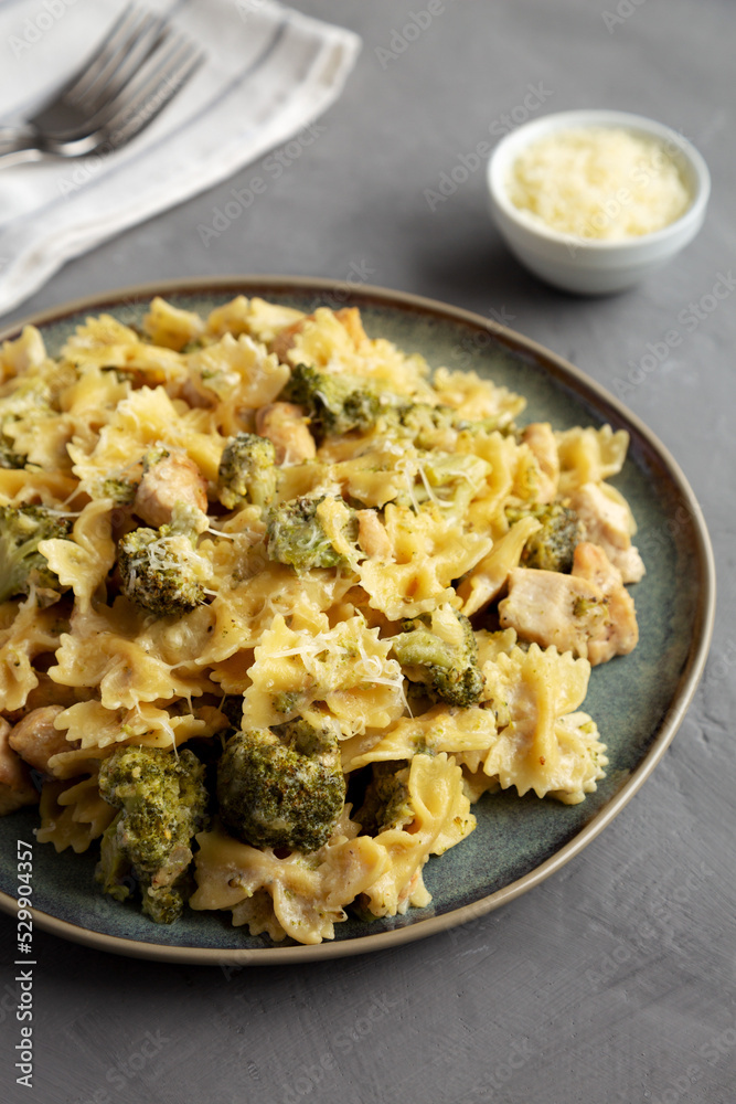 Homemade One-Pot Creamy Chicken and Broccoli Pasta on a Plate, side view. Homemade One-Pot Creamy Chicken and Broccoli Pasta on a Plate, side view.