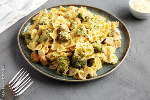 Homemade One-Pot Creamy Chicken and Broccoli Pasta on a Plate, side view.