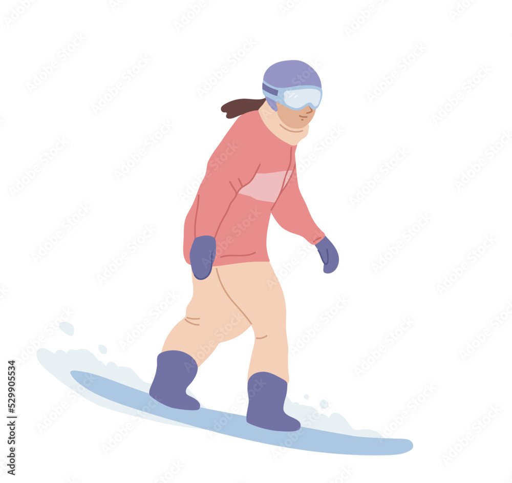 Woman on the snowboard. Snowboarding girl. Winter activity. Snowboarder isolated. Winter sport flat vector illustration.