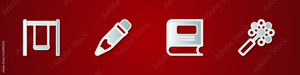 Set Swing, Pencil with eraser, Book and Rattle baby toy icon. Vector Set Swing, Pencil with eraser, Book and Rattle baby toy icon. Vector