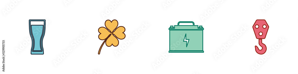 Set Glass of beer, Four leaf clover, Car battery and Industrial hook icon. Vector Set Glass of beer, Four leaf clover, Car battery and Industrial hook icon. Vector